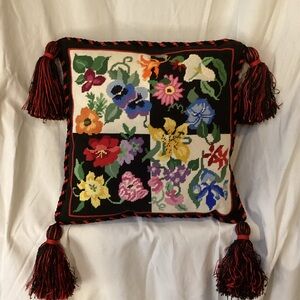 Decorative hand embroidered throw pillow with tassels floral design
